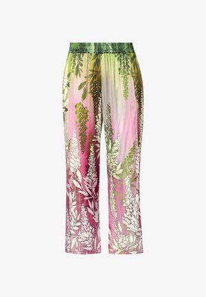 Locker sitzende Hose mit elastischem Bund, die einen Farbverlaufshintergrund in Grün, Pink und Weiß mit überlagerten Blumen- und Blattmustern zeigt.