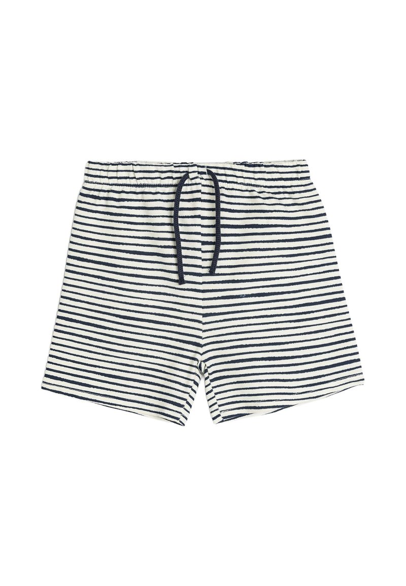 Hvide shorts med tynde sorte vandrette striber og en sort snøre i det elastiske taljebånd mod en hvid baggrund.