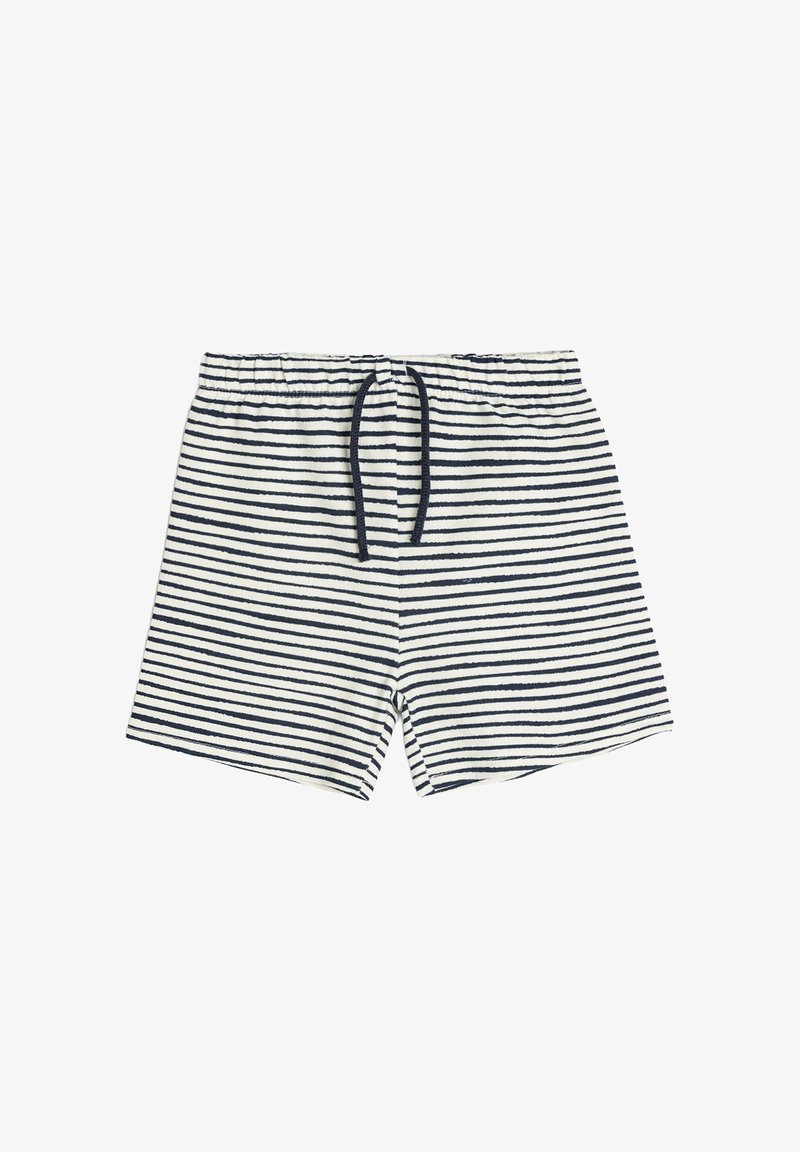 Hvide shorts med tynde sorte vandrette striber og en sort snøre i det elastiske taljebånd mod en hvid baggrund.