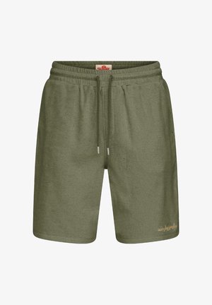 Pantaloncini casual verde oliva con vita elastica e coulisse, caratterizzati da un piccolo testo ricamato vicino all'orlo sulla gamba sinistra.