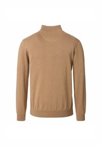 Maglione a collo alto marrone a maniche lunghe con polsini e orlo a costine, esposto su uno sfondo bianco.
