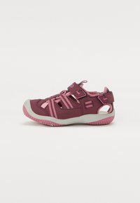 Scarpe da acqua per bambini in rosa scuro e rosa chiaro. Caratterizzate da cinturini, lati aperti e una suola in gomma testurizzata per una buona aderenza.