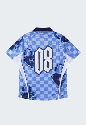 Chemise à manches courtes à carreaux bleus avec col bleu marine, grand numéro blanc "08" au dos, et graphiques de cadenas bleu foncé dispersés sur le tissu.