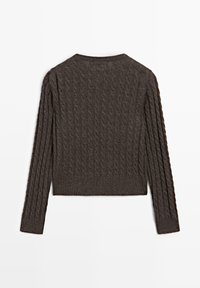 Pull gris foncé à maille torsadée, manches longues et bord côte, vu de dos sur fond blanc.
