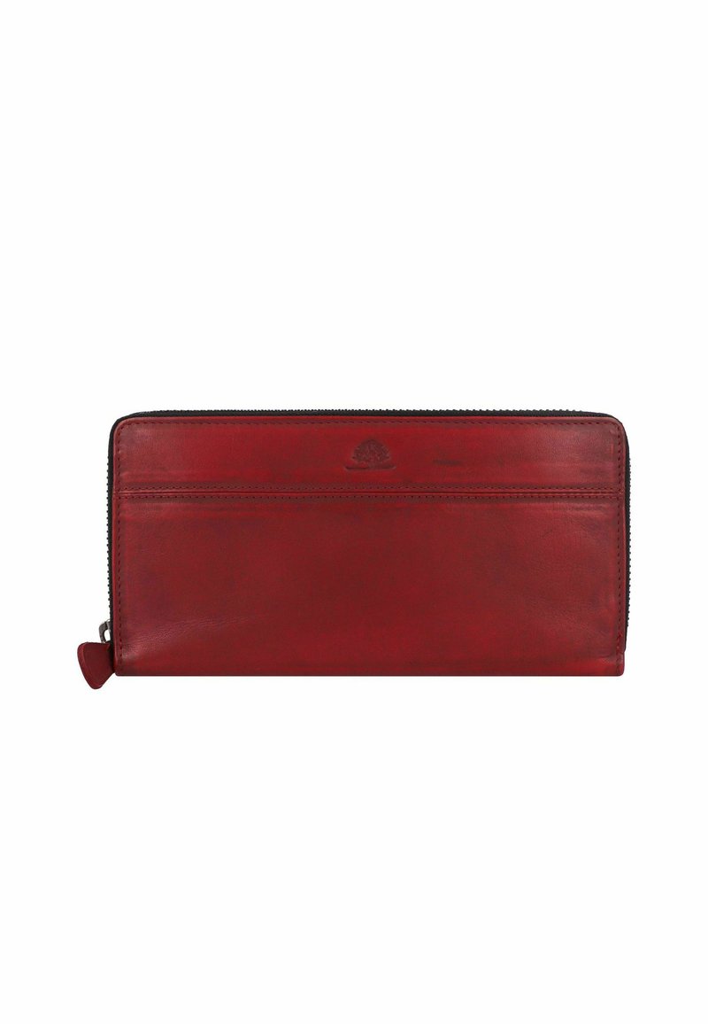 Portafoglio rosso in pelle con una texture liscia, chiusura con zip e logo in rilievo sul fronte. Presenta una forma rettangolare slim.