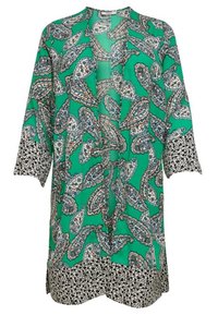 Grön kimonoinspirerad jacka med paisleymönster i blått och vitt, med svarta blommiga detaljer på ärmarna och nederkanten. Lättviktsmaterial.