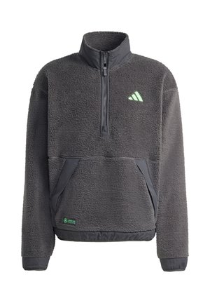 Gray fleece pullover with a zippered neck, front pockets, and a green logo accent. Features ribbed cuffs and a textured fabric.