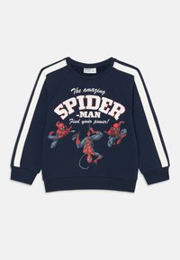 Sudadera azul marino con detalles en rayas blancas. Presenta un gráfico de Spider-Man con el texto "El asombroso SPIDER-MAN" y "¡Encuentra tu poder!"
