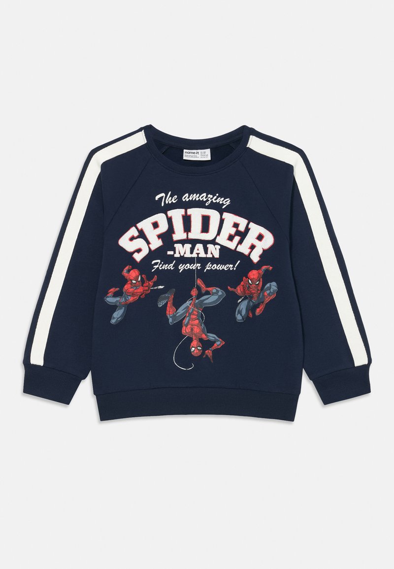 Sudadera azul marino con detalles en rayas blancas. Presenta un gráfico de Spider-Man con el texto "El asombroso SPIDER-MAN" y "¡Encuentra tu poder!"