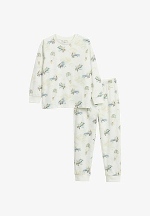 Children’s white long-sleeve pajama set with blue airplanes and hot air balloons pattern, featuring elastic waist pants and cuffs.