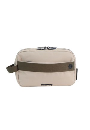 Beige rechteckige Kulturtasche mit zwei Reißverschlüssen, braunem horizontalem Riemen, seitlichem Griff und "Discovery"-Logo auf der Vorderseite.