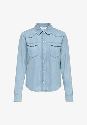 Šviesiai mėlynas džinsinis ilgomis rankovėmis marškinis su smailiu apykakle, dviem krūtinės kišenėmis, mygtukų uždarymu priekyje ir vienoda tekstūra.