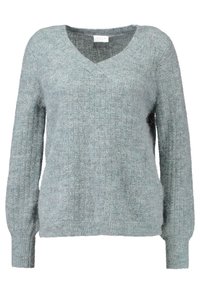 Pull-over à col en V en tissu bleu clair doux et texturé avec poignets et ourlet côtelés. Comprend des manches longues et une coupe décontractée.
