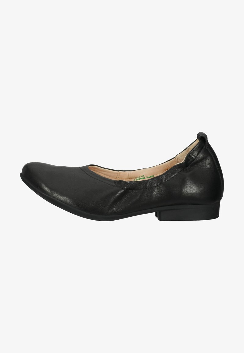 Sorte læder ballet flats med rund tå, minimal syning og en lav, firkantet hæl. Glat tekstur med et enkelt, klassisk design.