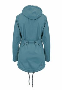 Waterproof teal jacket featuring a hood, cinched waist with adjustable drawstring, and buttoned tabs at the back for added shape.