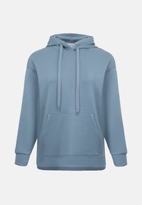 Hellblauer Kapuzenpullover mit Kängurutasche vorne und Kapuze mit Zugband, dargestellt vor einfarbig hellem Hintergrund.