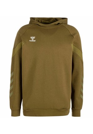 Olivengroene hoodie met raglanmouwen. Heeft een klein wit logo en contrasterende lichtgroene accenten en strepen. Zachte textuur.