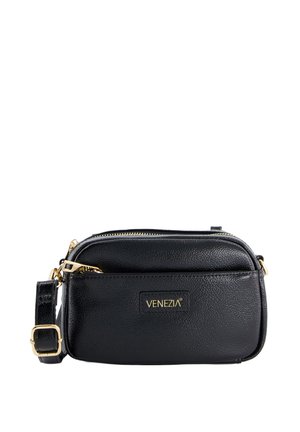 Sort læder crossover taske med en tekstureret overflade, gyldne hardware detaljer, en lynlåslukning på toppen og en aftagelig rem. Har mærkenavnet "VENEZIA."
