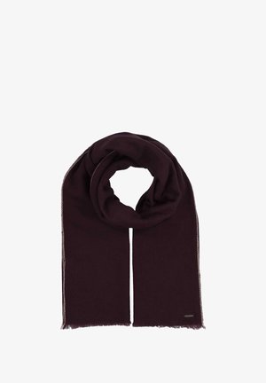 Bordeauxhalsduk gjord av mjukt tyg, med fransar i nederkant och en subtil kontrasterande kant. Rund form, hängande i en slinga.
