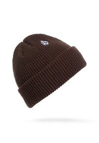Brown knitted beanie hat with a ribbed texture and a folded cuff. Features a small white logo on the front.