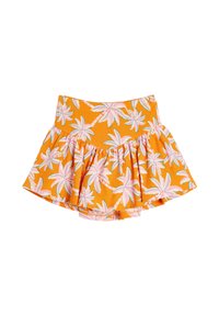 Orange rynket nederdel med et blomsterdesign i pink og grøn. Lavet af tekstureret stof, med en tætsiddende talje og en udvidet form.