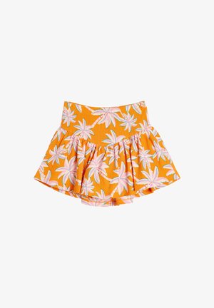 Oranje gerimpelde rok met een bloemmotief in roze en groen. Gemaakt van gestructureerde stof, met een aansluitende tailleband en een uitlopende vorm.