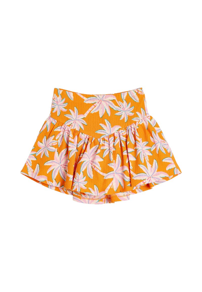 Orange rynket nederdel med et blomsterdesign i pink og grøn. Lavet af tekstureret stof, med en tætsiddende talje og en udvidet form.