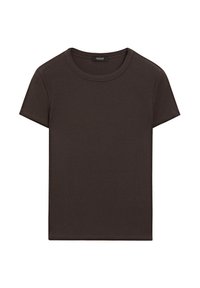 Braunes Kurzarm-T-Shirt mit gerippter Textur und rundem Ausschnitt. Schlichtes Design ohne Grafiken oder zusätzliche Akzente.