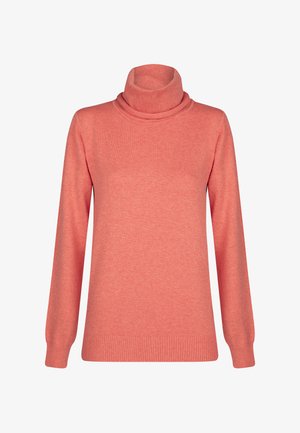Korallefarbener Rollkragenpullover aus weichem Material, mit langen Ärmeln und gerippten Bündchen, glatter Textur und einer lässigen Passform.