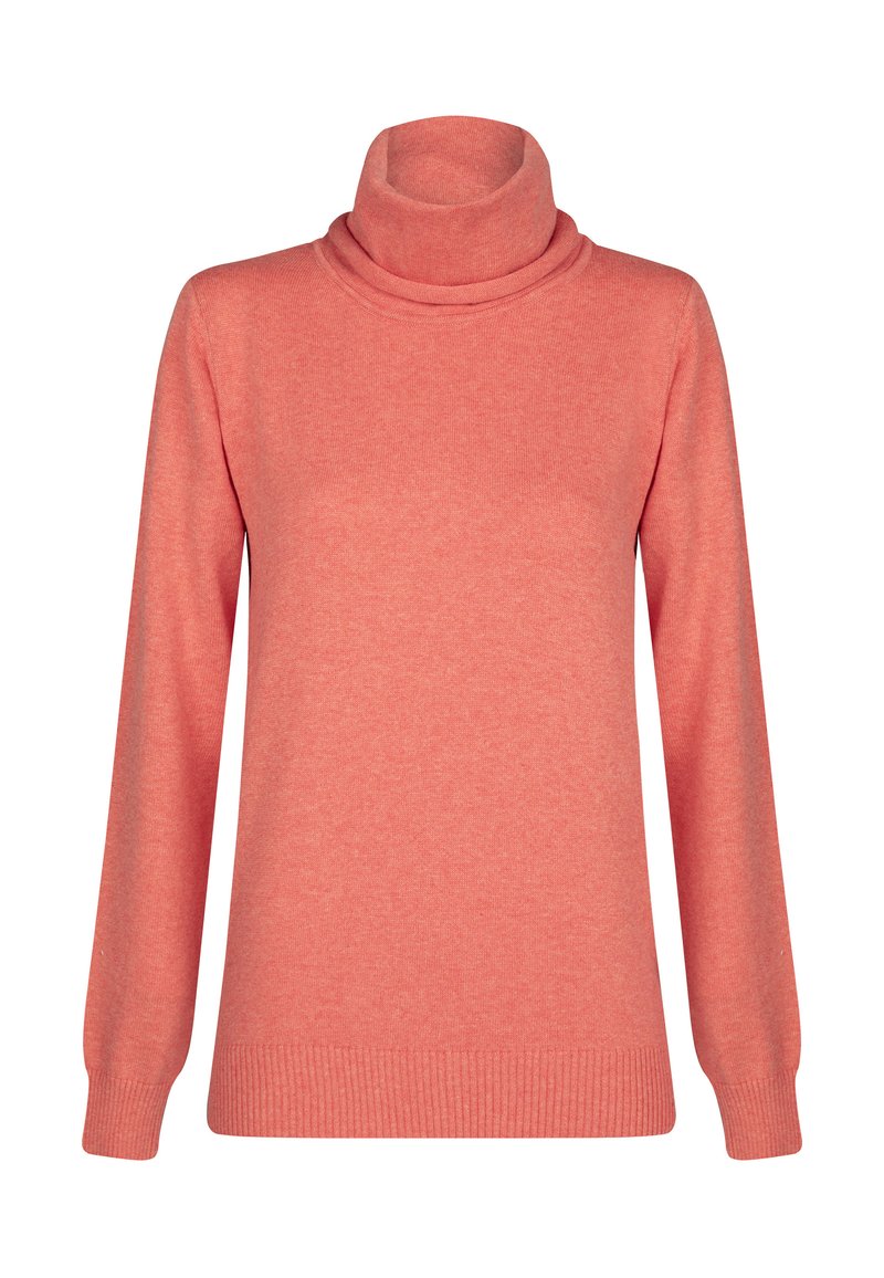Maglione a collo alto color corallo realizzato in tessuto morbido, caratterizzato da maniche lunghe e polsini a coste, con una texture liscia e una vestibilità rilassata.