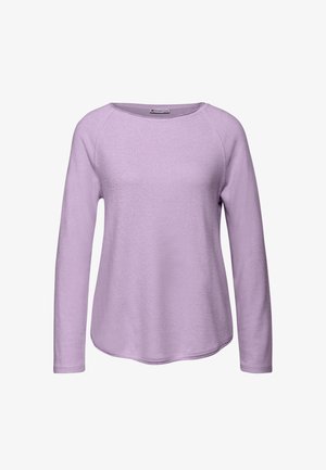 Lys lilla langærmet skjorte lavet af blødt stof. Har en rund hals og raglanærmer med en let buet kant.