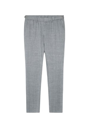 Pantaloni di lino grigi con fronte piatto, due tasche laterali e due tasche posteriori. Presentano passanti per cintura e chiusura con bottone. Vestibilità sartoriale.