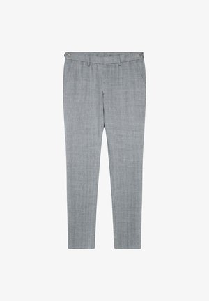 Grijze linnen broeken met een platte voorkant, twee zijzakken en twee achterzakken. Voorzien van riemlussen en een knoopsluiting. Getailleerde pasvorm.