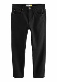 Jeans slim fit negros hechos de denim con una textura suave. Presenta cinco bolsillos, costuras en contraste y detalles de metal.