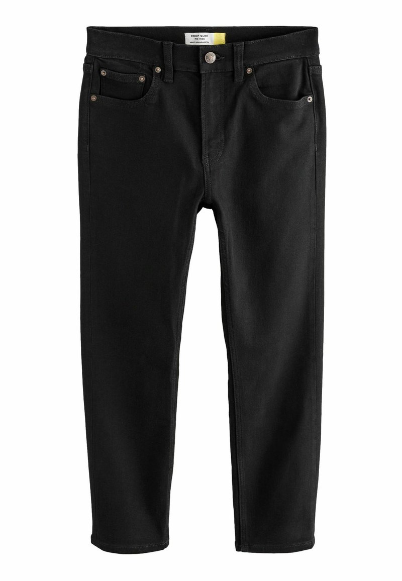 Jeans slim fit negros hechos de denim con una textura suave. Presenta cinco bolsillos, costuras en contraste y detalles de metal.