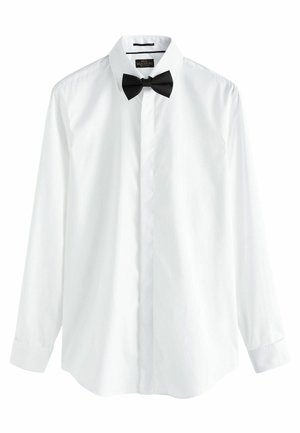 White long-sleeve dress shirt with a pointed collar and a black bow tie. Smooth cotton fabric with button front and cuff detail.