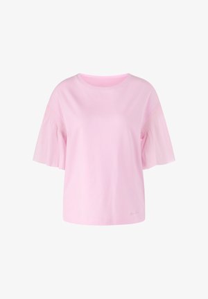 Hellrosa Kurzarmhemd mit weiten, leicht ausgestellten Ärmeln und rundem Ausschnitt vor weißem Hintergrund.