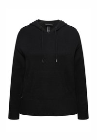 Felpa nera con cappuccio in tessuto strutturato, dotata di cappuccio con cordoncino, tasca a marsupio frontale e polsini e orlo a coste.