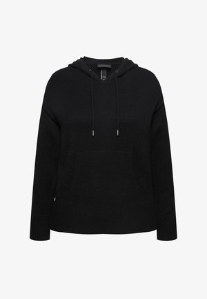 Felpa nera con cappuccio in tessuto strutturato, dotata di cappuccio con cordoncino, tasca a marsupio frontale e polsini e orlo a coste.