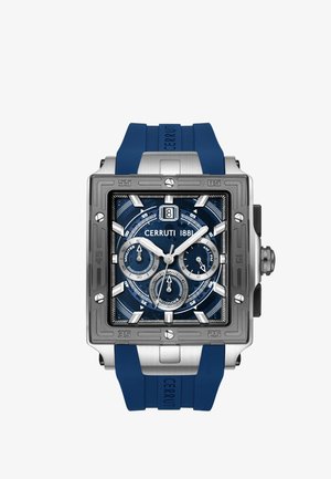 Reloj de pulsera cuadrado plateado y azul Cerruti 1881 con tres esferas de cronógrafo, indicador de fecha y correa azul de silicona.
