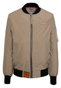 Beige bomberjack met een ritssluiting aan de voorkant, zijzakken, geribde manchetten en een geweven label op de zoom. Glad, lichtgewicht stof.