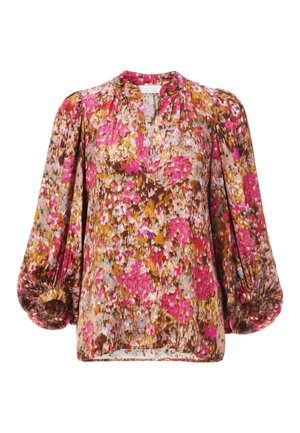 Floral blouse featuring pink, brown, and cream colors, with a relaxed fit, round neckline, and voluminous balloon sleeves.