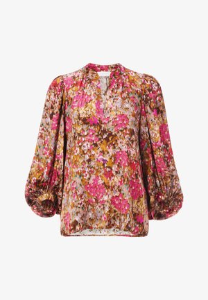 Floral blouse featuring pink, brown, and cream colors, with a relaxed fit, round neckline, and voluminous balloon sleeves.