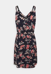 Robe noire sans manches avec motif floral rose et rouge, encolure en V et bretelles croisées dans le dos, longueur au genou.