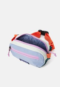 Sac banane compact avec une poche avant bleu clair, des zips lavande, des bordures menthe, une sangle réglable orange et un compartiment principal ouvert montrant une doublure sombre.