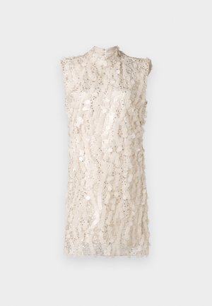Abito senza maniche e con collo alto in un leggero beige, con un motivo di paillettes su tutta la superficie, caratterizzato da una vestibilità leggermente ampia e una superficie texturizzata.