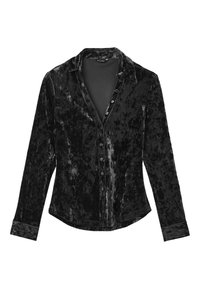 Camicia di velluto nero con colletto, maniche lunghe e chiusura con bottoni sul davanti. Presenta una texture liscia e variazioni di pattern sottili.