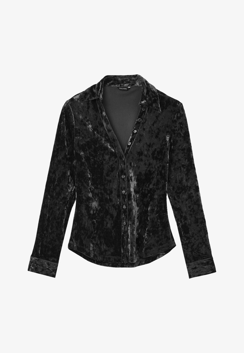 Black velvet shirt with a collar, long sleeves, and button-front closure. Features a smooth texture and subtle pattern variations.