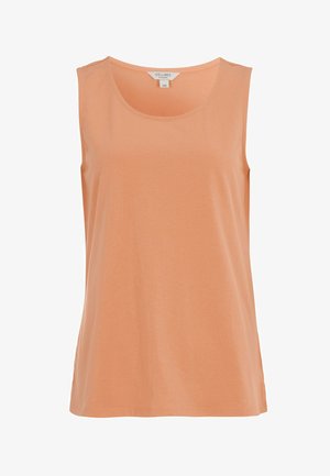 Ærmeløs, ferskenfarvet bomulds top med rund halsudskæring og afslappet pasform, størrelse 38/40, mærket siger Cellbes fra Sverige.