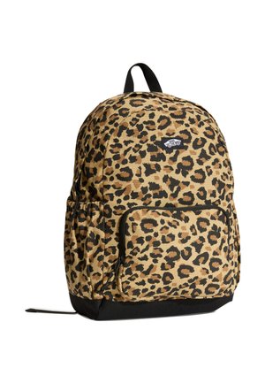 Backpack with brown and black leopard print, front zippered pocket, black base, and black loop handle on white background.